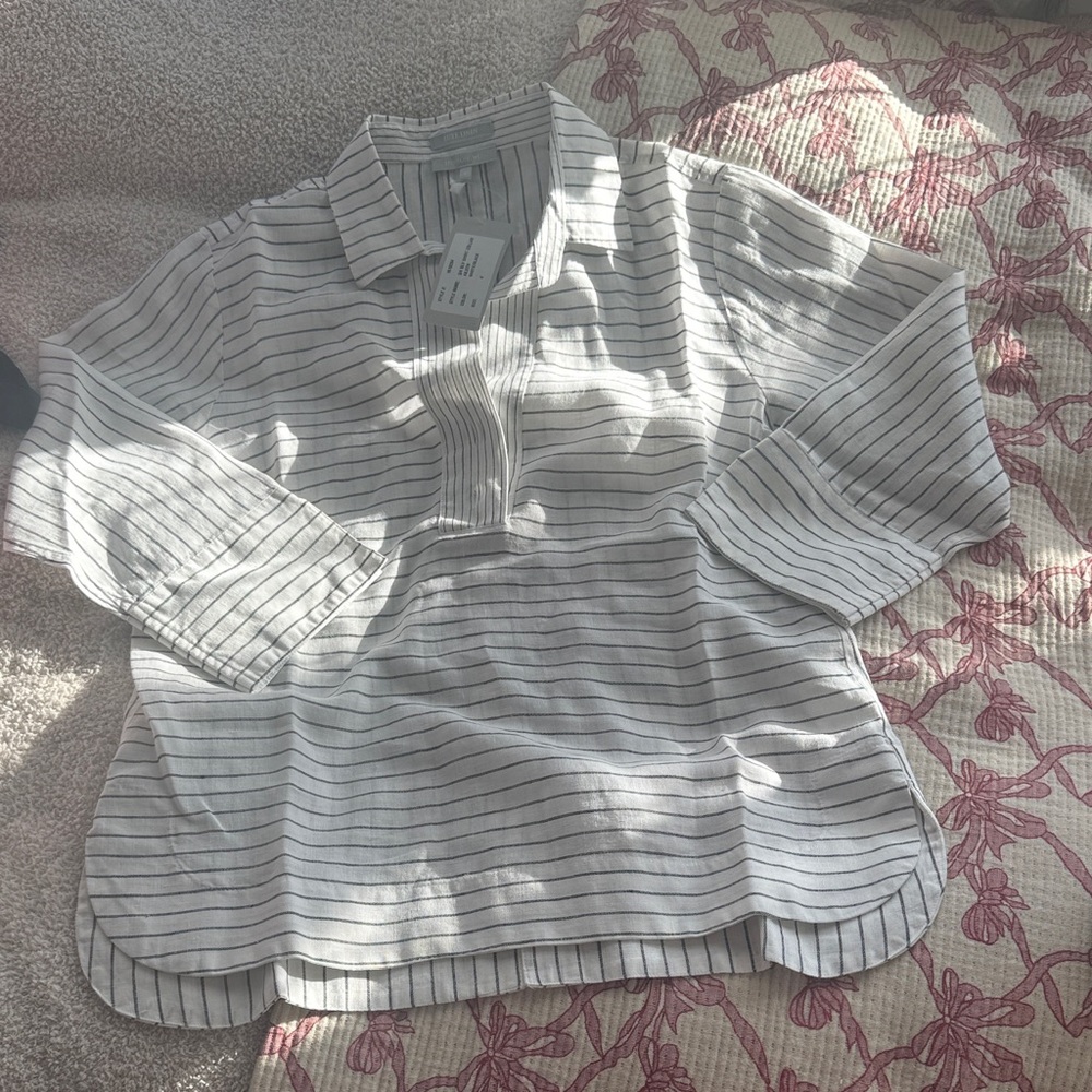 HINSON WU LUXE LINEN Striped White and Black Blouse